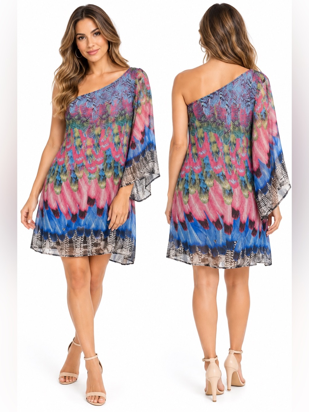 Foreign Exchange Multicolor Feather Print Flowy Dress Size M